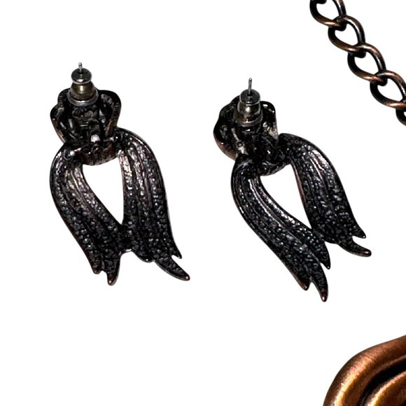 Statement Necklace & Pierced Earrings Set Copper Tone on Metal Costume Jewelry - Picture 4 of 7